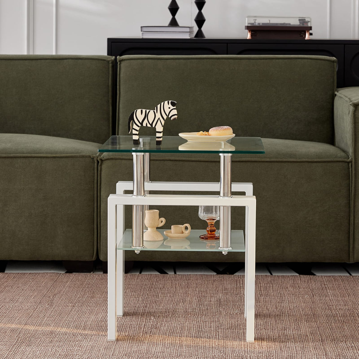 Clear Tempered Glass End Table - 2 Tier Small Table for Living Room