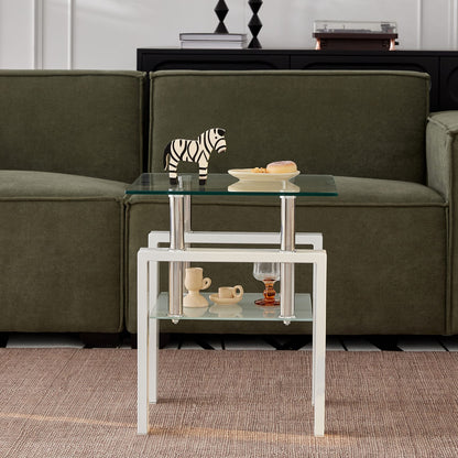Clear Tempered Glass End Table - 2 Tier Small Table for Living Room