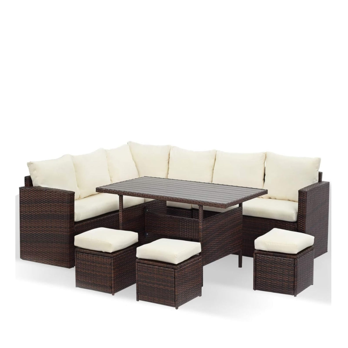 7-Piece Wicker Outdoor Dining Set - Beige Cushions, 9 Seats for Patio & Porch