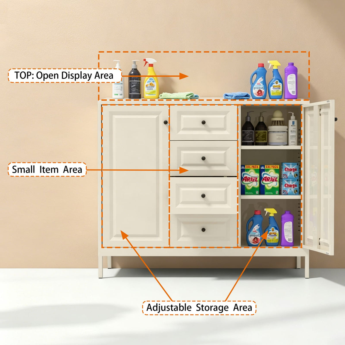 47.24" Beige Steel Storage Cabinet with Drawers & Shelves