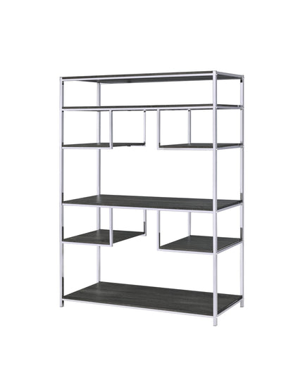 Vonara Rustic Gray Oak & Chrome Bookshelf - 7 Shelves Display Storage