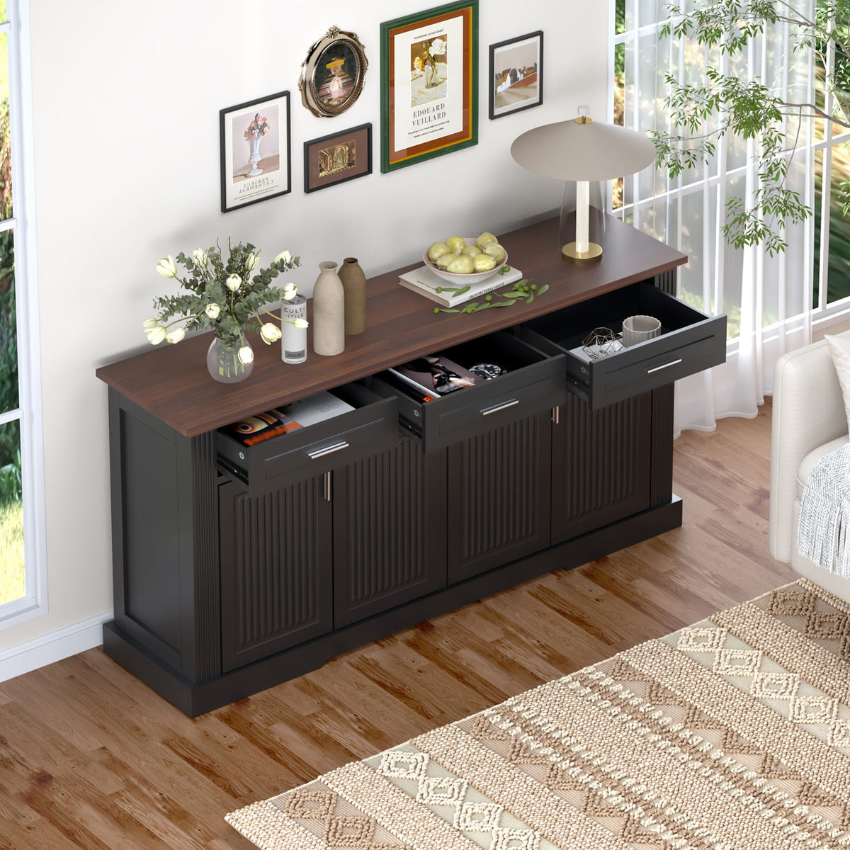 63" Fluted Sideboard Buffet Cabinet - Modern Kitchen Storage Console