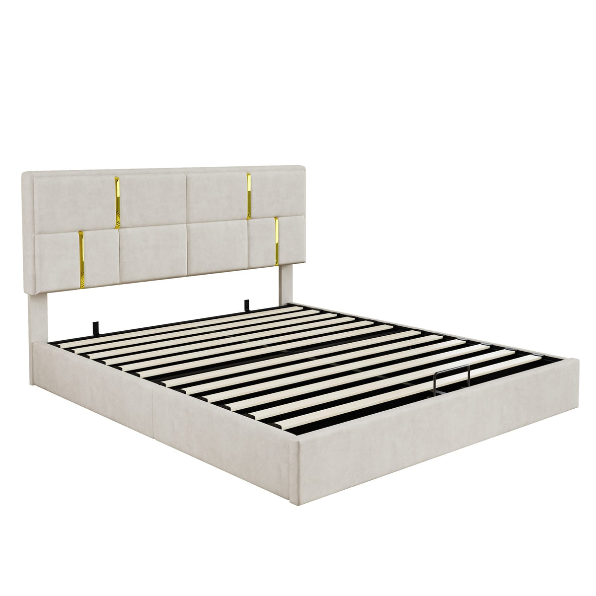 Beige Velvet Platform Bed with Hydraulic Storage for Queen Size for Bedroom