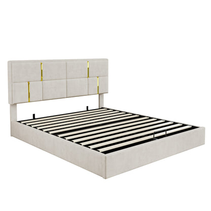 Beige Velvet Platform Bed with Hydraulic Storage for Queen Size for Bedroom