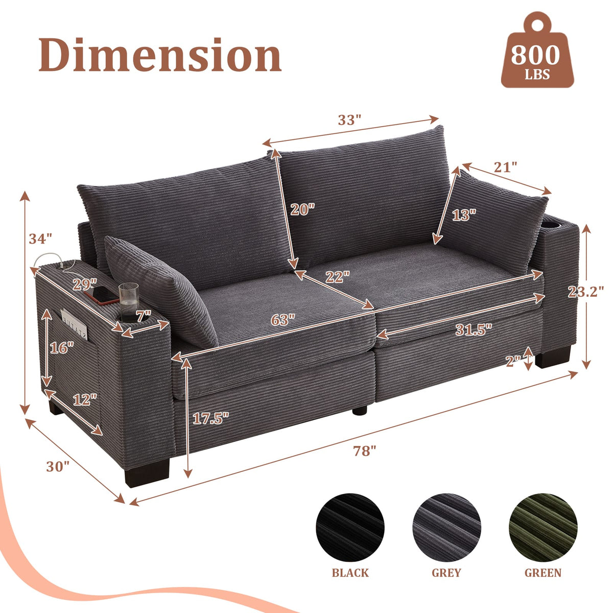 Gray Foam+Spring Sofa with USB Ports for Modern Living Room Seating
