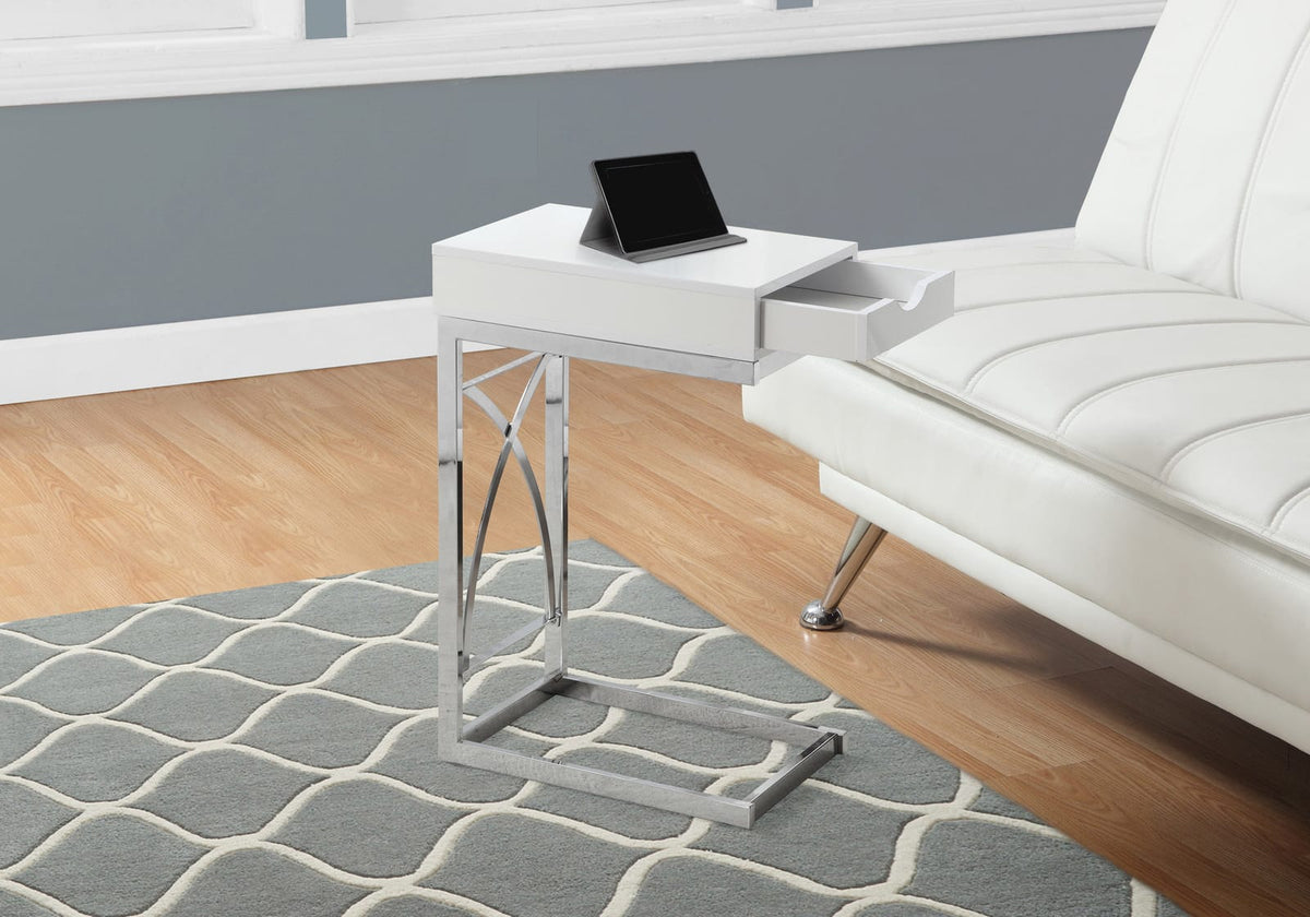 White Particle Board C-Shaped Accent Table with Storage Drawer for Living Room