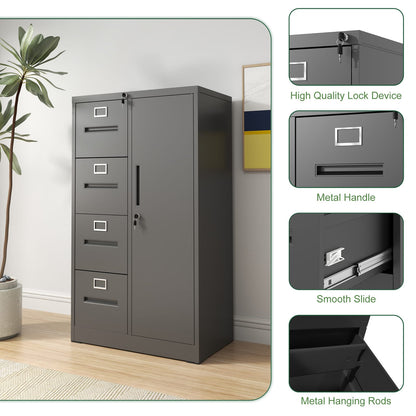 Black Steel File Cabinet - 4 Drawers with Lock - Office Storage