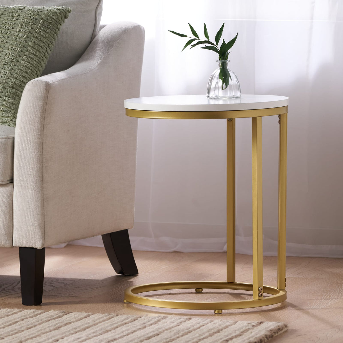 Gold White C-Shaped End Table with Iron Frame for Living Room