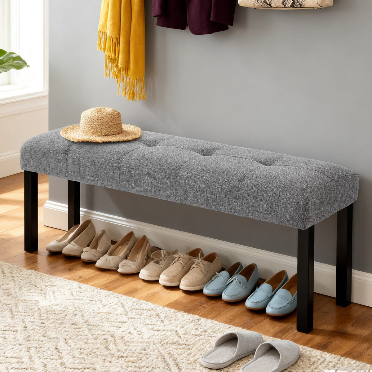 Modern Gray Linen Dining Bench - Farmhouse Entryway Seat