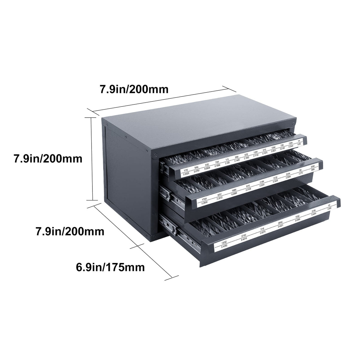 Gray Steel Drill Bit Organizer Cabinet - 3 Drawers