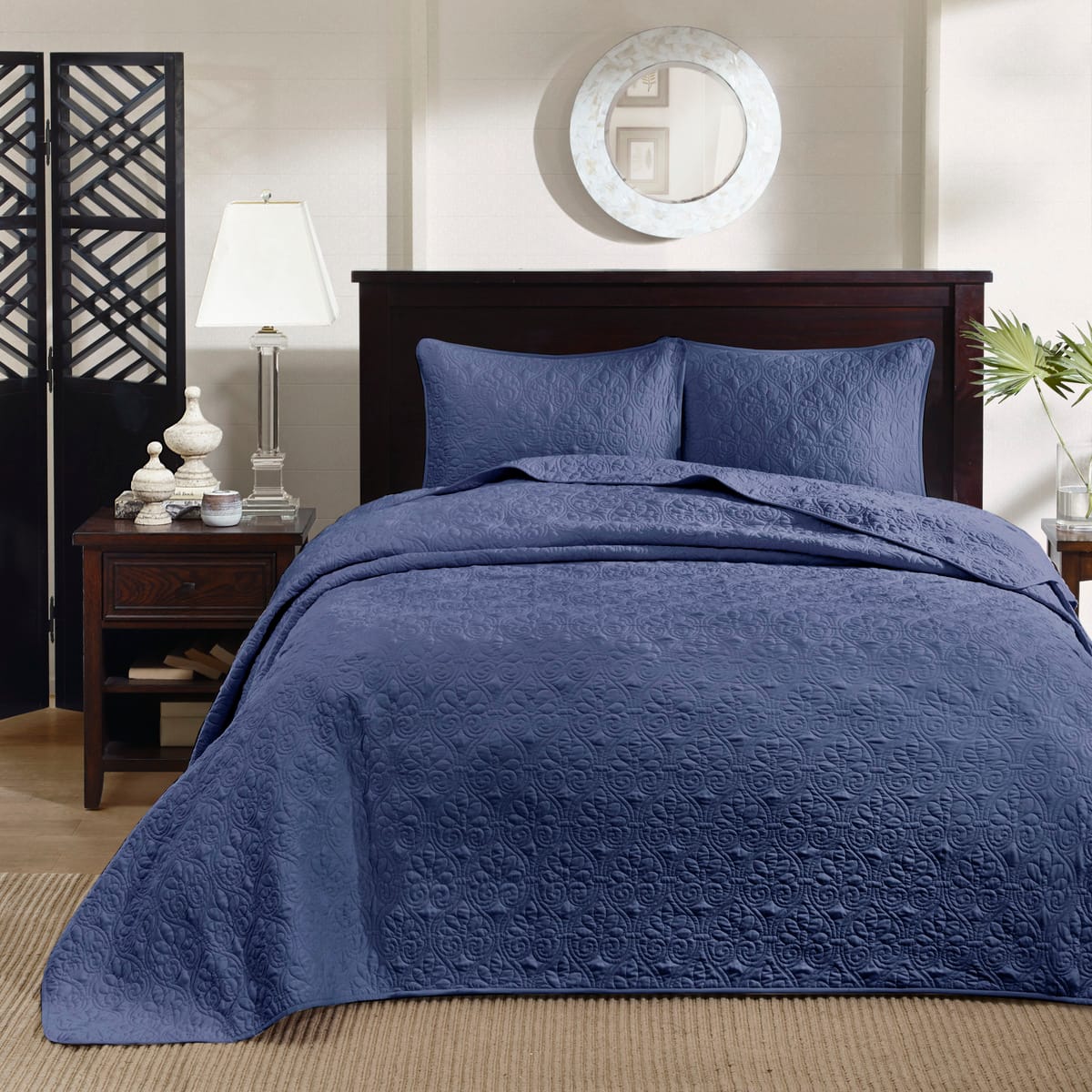 Navy Cotton Reversible Bedspread Set - King Size
