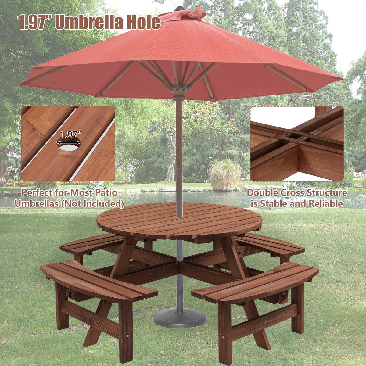 8 Person Wooden Picnic Table - Outdoor Dining Set with Benches