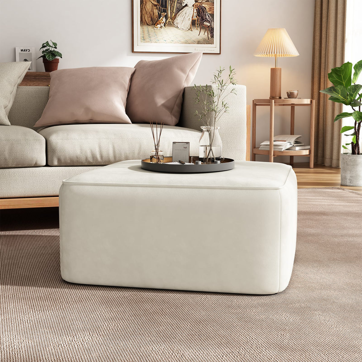 Cream Corduroy Ottoman - Square Storage Footrest