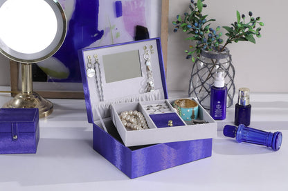 Azure Blue Leather Jewelry Case - 9.8" Long for Bedroom