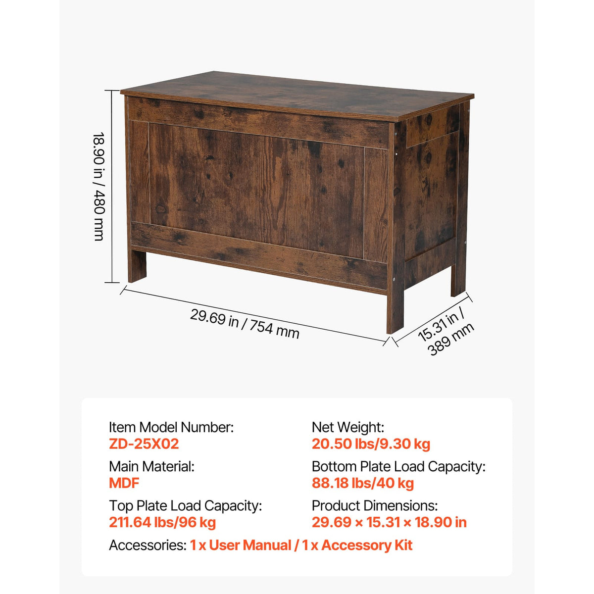 Kids Storage Bench - Brown MDF, Large Toy Box Chest