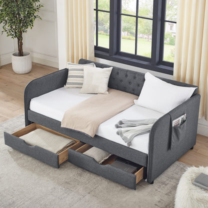Dark Gray Linen Twin Daybed with Trundle Bed