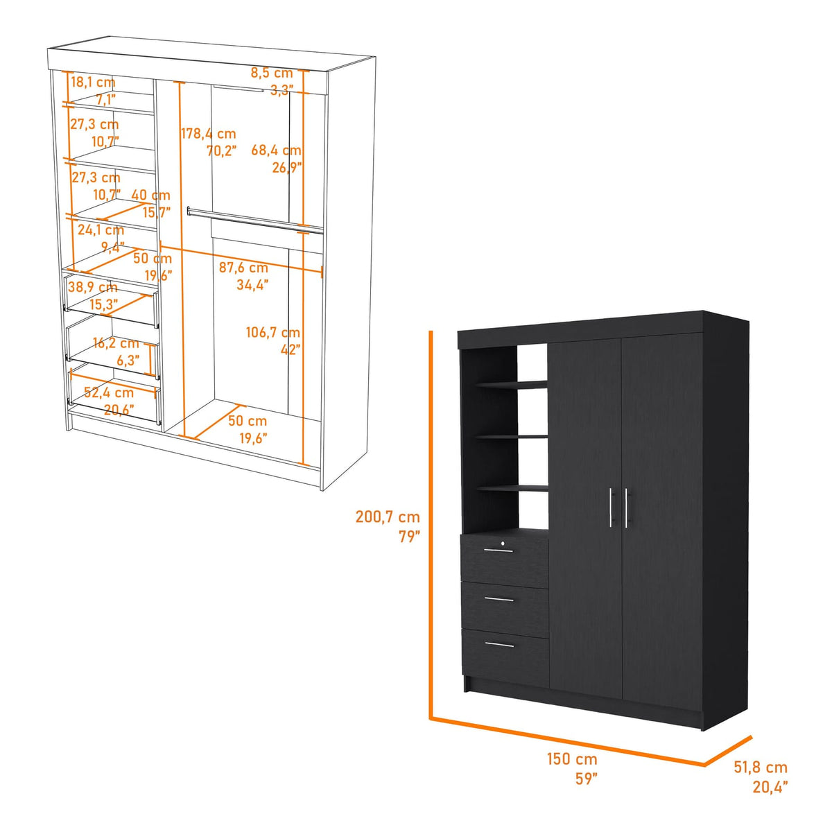 Wenge 3-Drawer Armoire - Bedroom Storage Furniture
