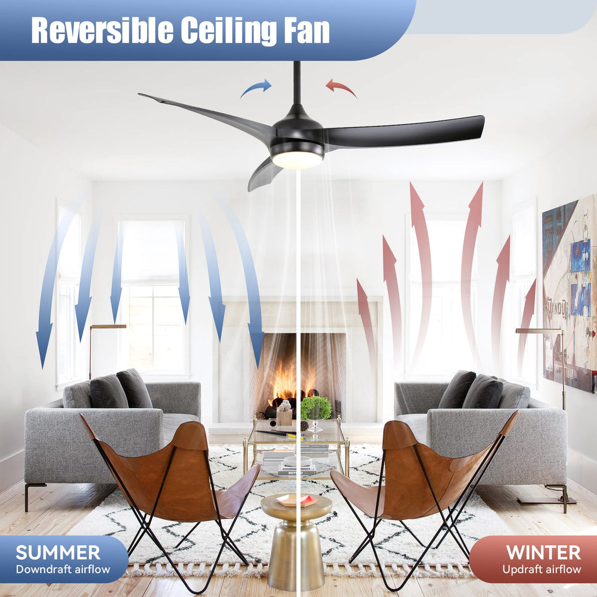 52 Inch Matte Black Ceiling Fan with Remote Control and Dimmable Light