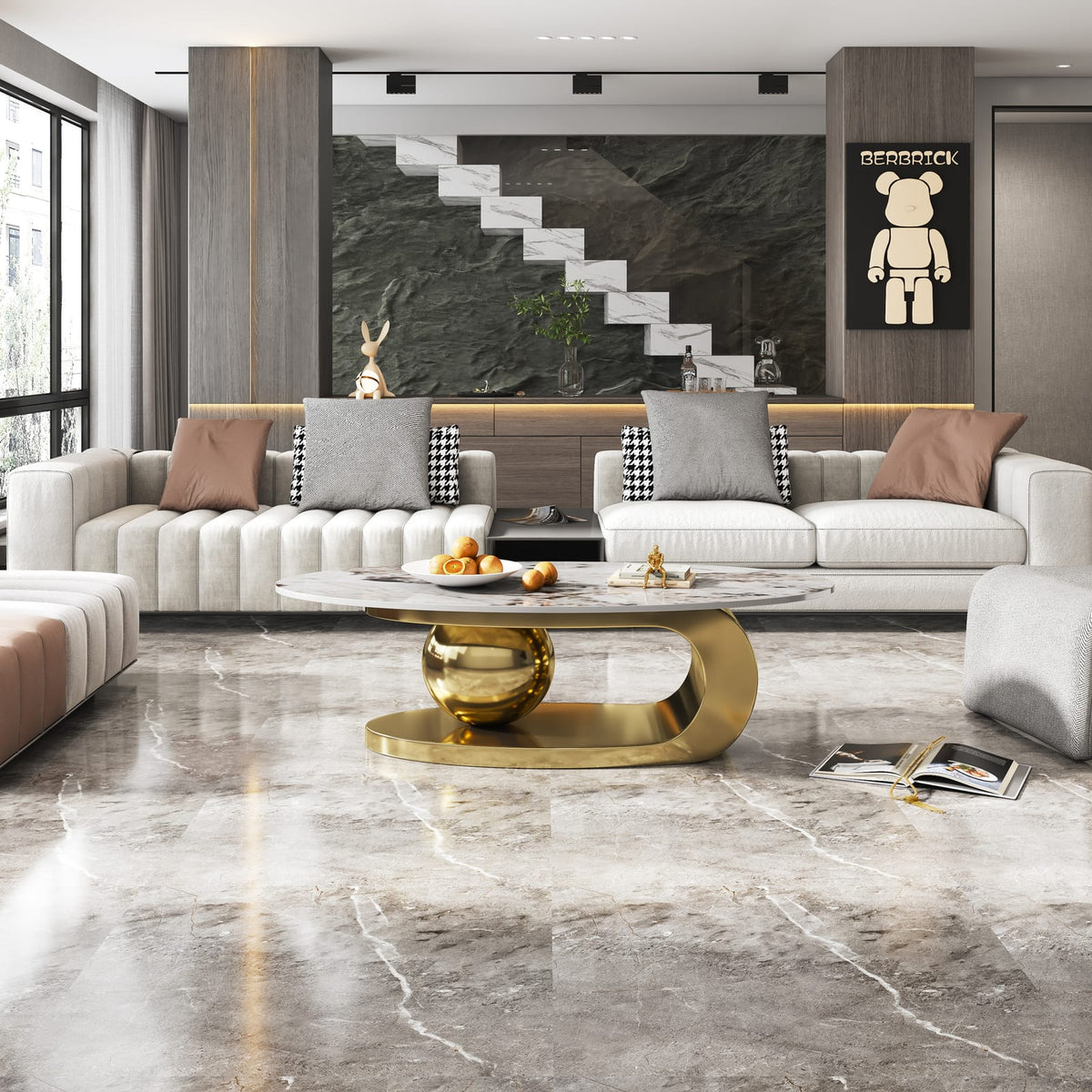 Gold Oval Faux Marble Coffee Table - Modern Living Room Style