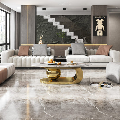 Gold Oval Faux Marble Coffee Table - Modern Living Room Style