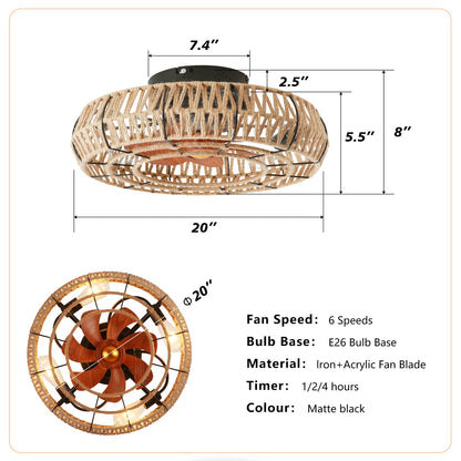 20 Inch Black Rope Cage Ceiling Fan with Lights - Remote Control