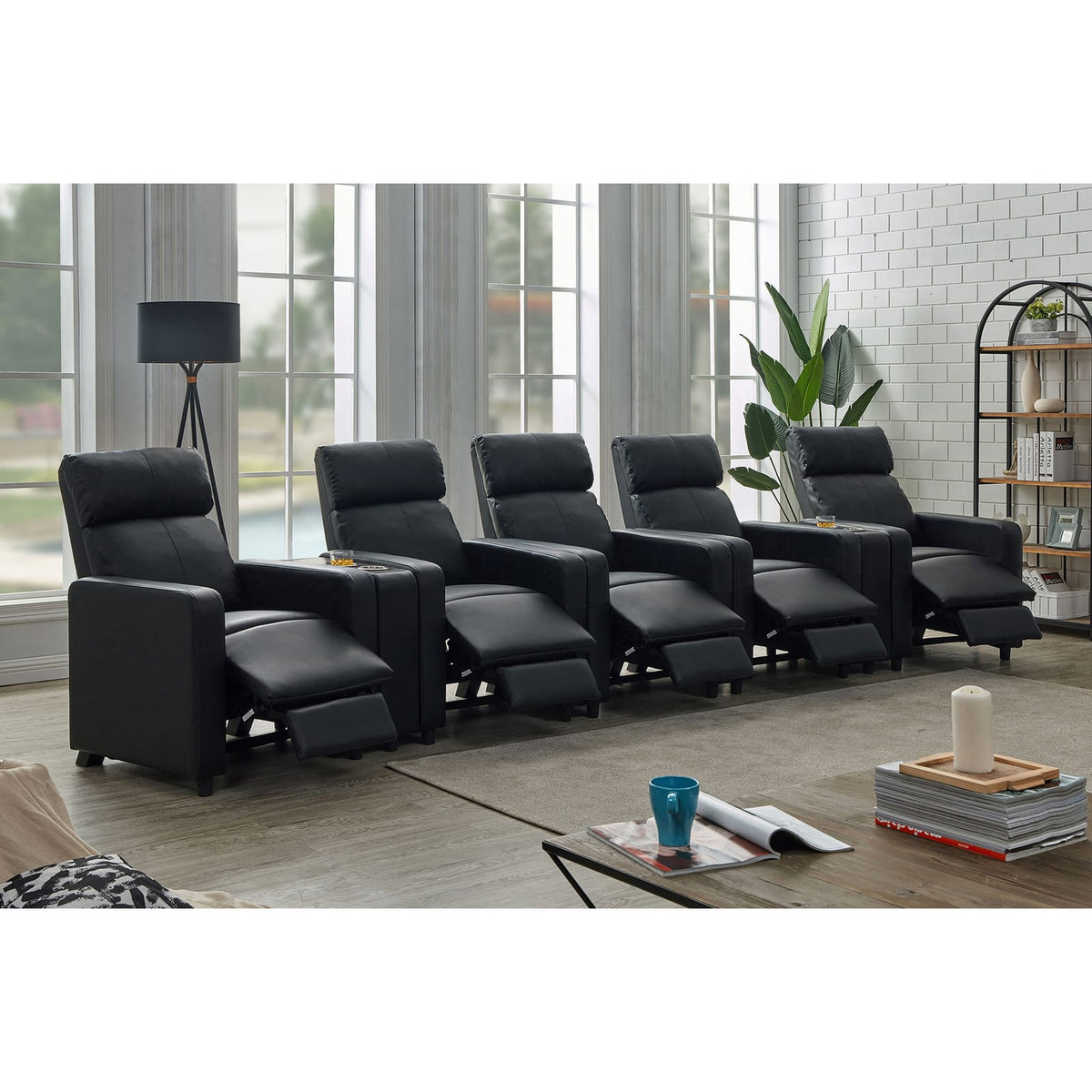 Warren Black Upholstered 5-seater Home Theater with 2 Wedge Consoles
