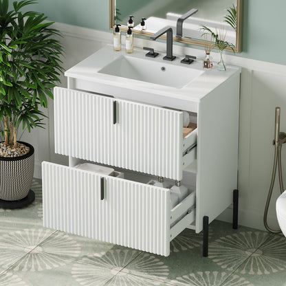 White Bathroom Vanity with Ceramic Sink - 30" Storage