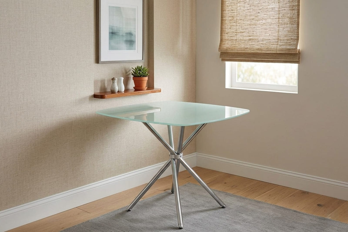 Chrome Square Glass Dining Table for Modern Kitchen and Dining Rooms