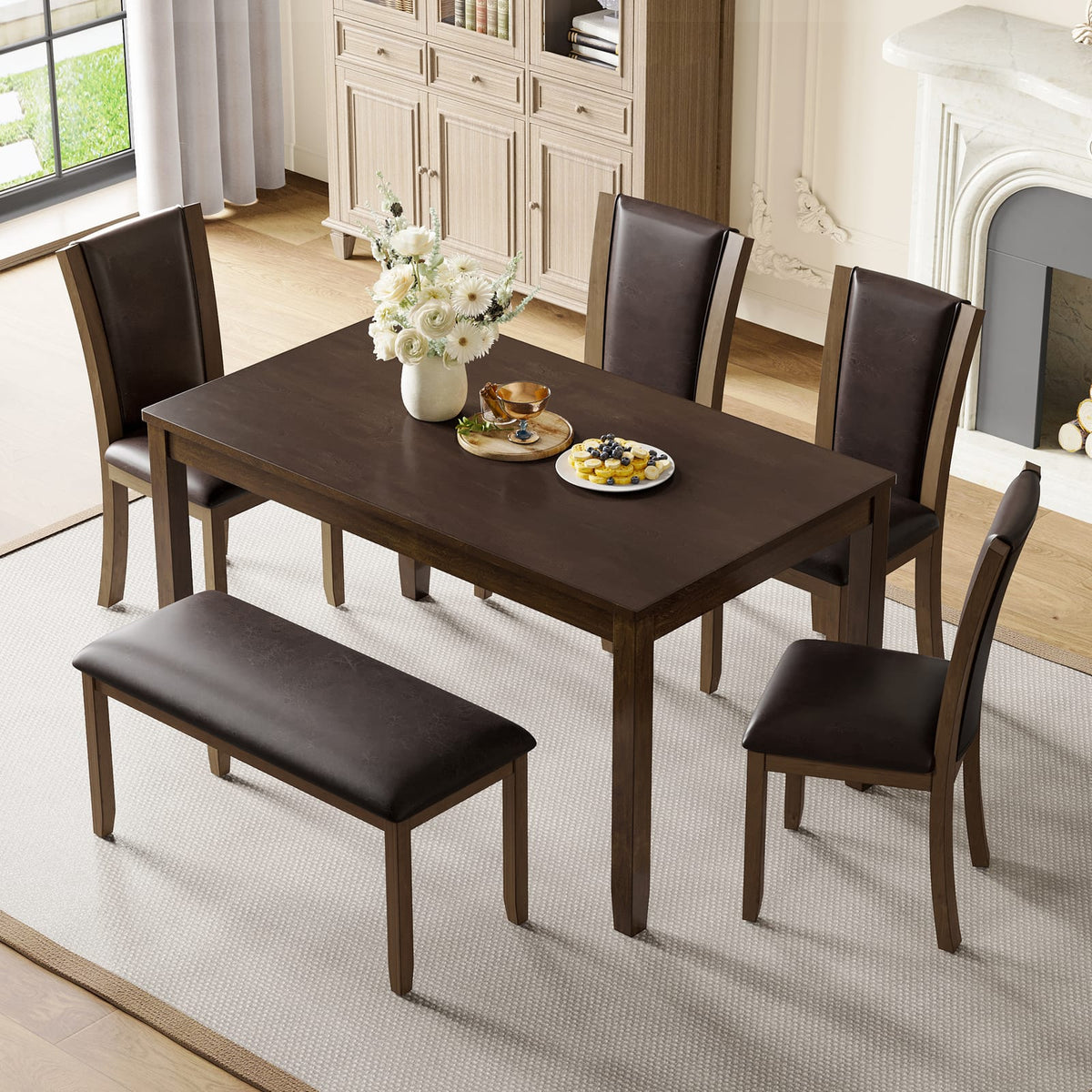 Dark Walnut Dining Table Set - Seats 6