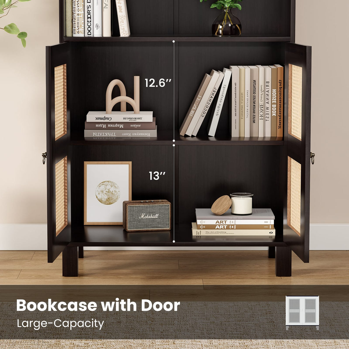 Tall Bookcase with Rattan Doors - 5 Tier Storage, Walnut