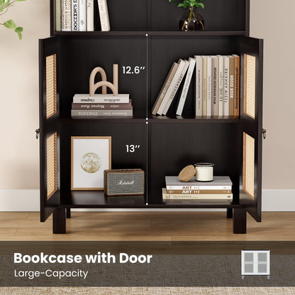 Tall Bookcase with Rattan Doors - 5 Tier Storage, Walnut