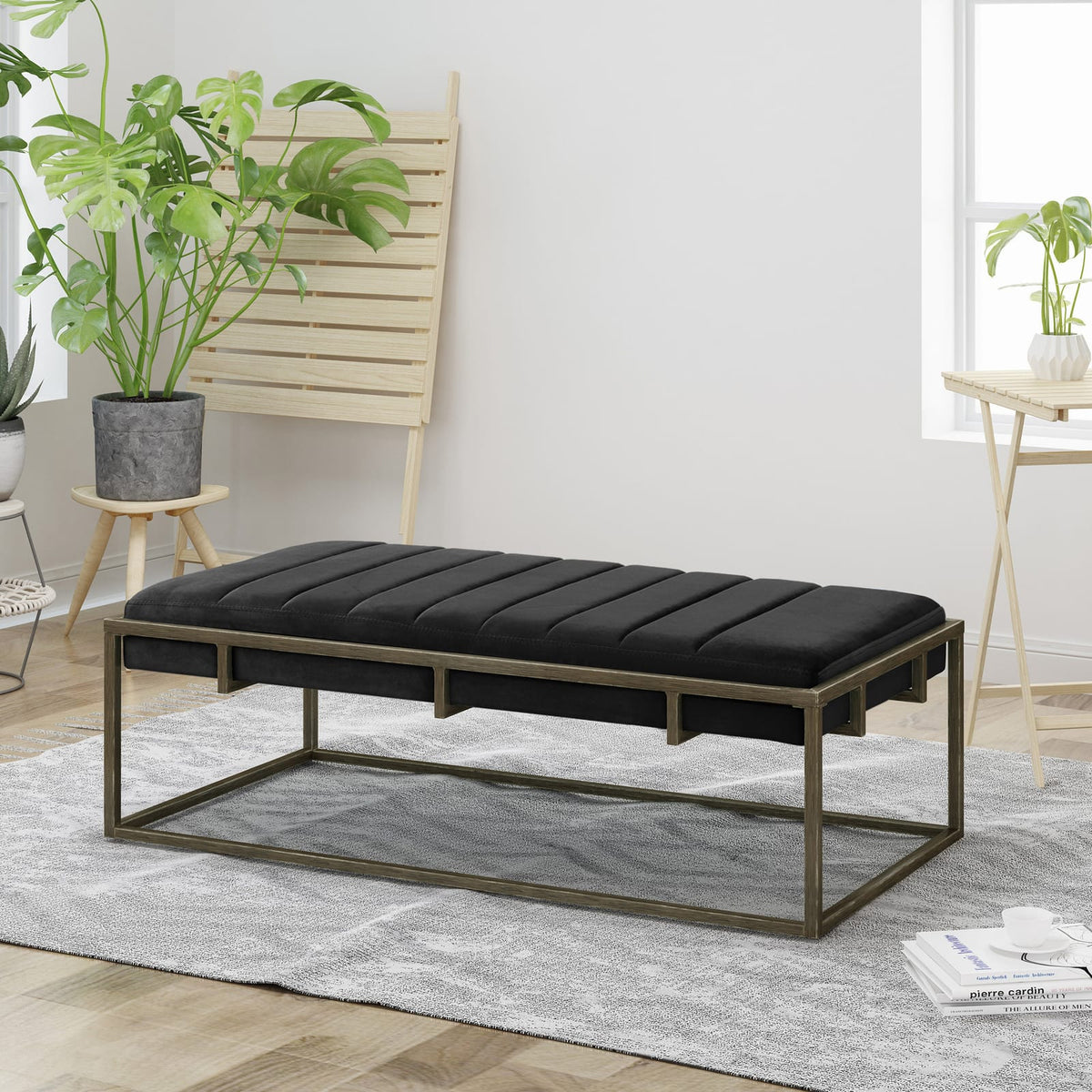 Black Velvet Ottoman Bench - Modern Bedroom Accent