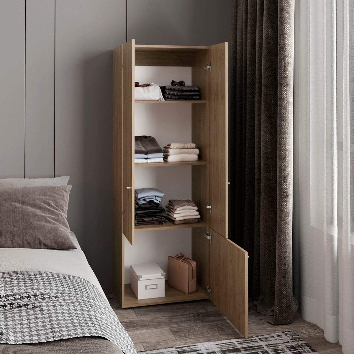 Modern Oak Particle Board Wardrobe with Hanging Rod for Bedroom Storage