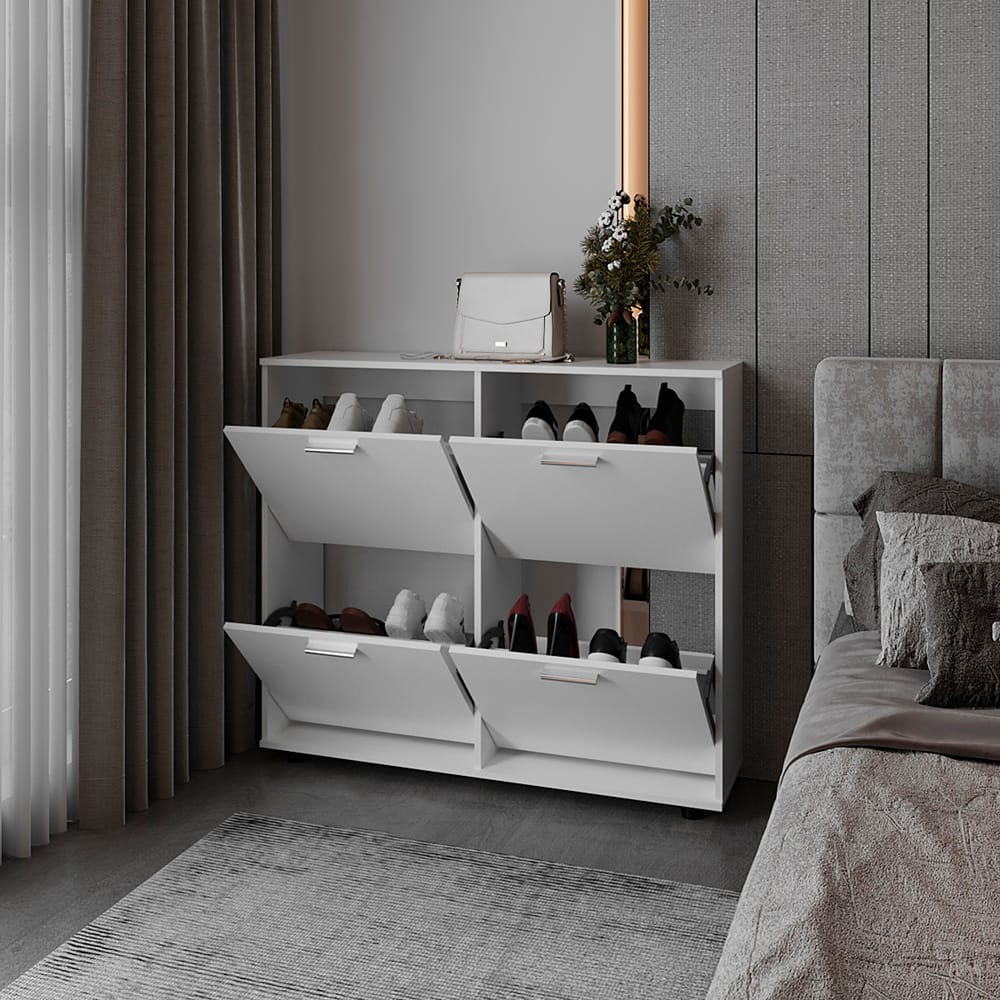 White Engineered Wood Shoe Rack Cabinet - 11.8 x 43.3 x 38" for Living Room