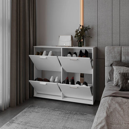 White Engineered Wood Shoe Rack Cabinet - 11.8 x 43.3 x 38" for Living Room