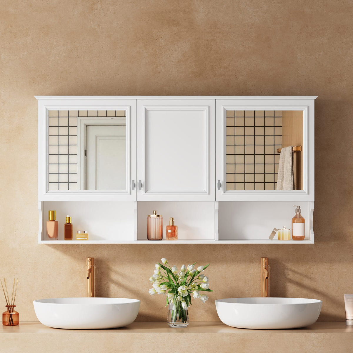 White Bathroom Storage Cabinet Mirror - 55 Inch Wall Mounted Medicine Cabinet