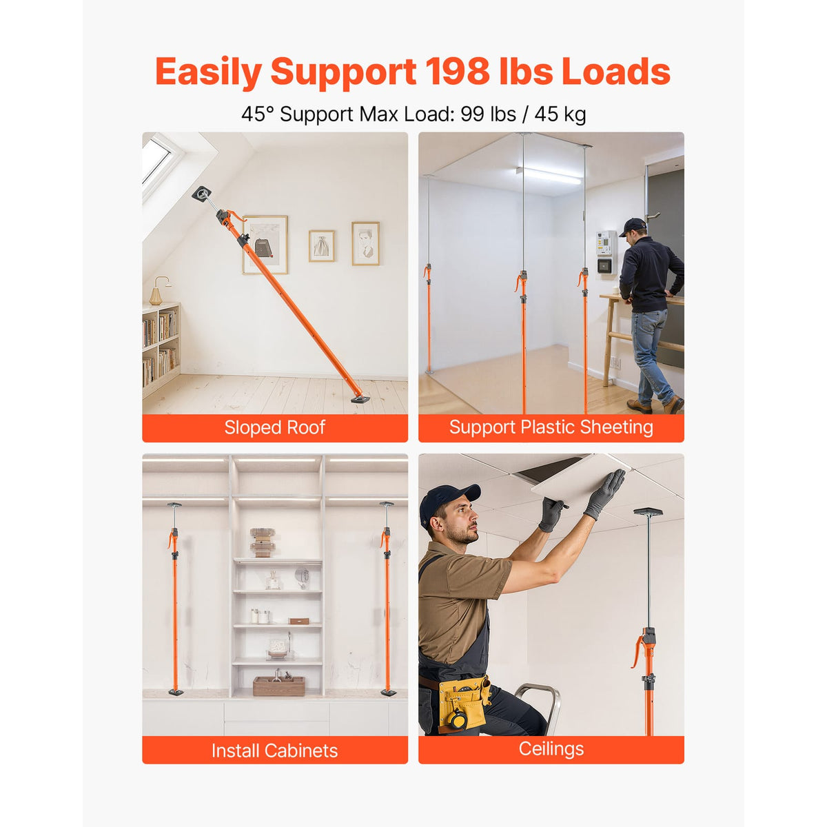Cabinet Jack Support Pole - 4 Pack, Adjustable Telescopic Rod (Black+Orange)