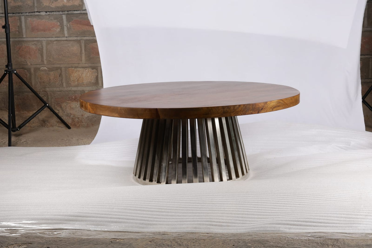 Brown Mango Wood Round Coffee Table - 47" Diameter for Living Room