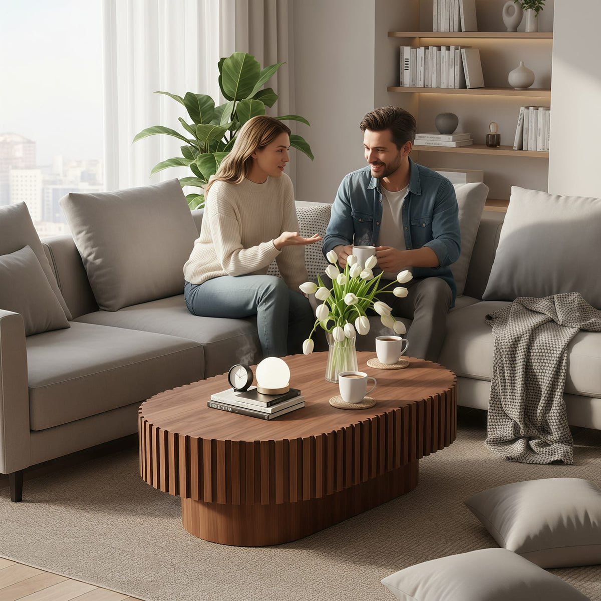 Brown Oval Coffee Table with Fluted Design for Living Room Storage