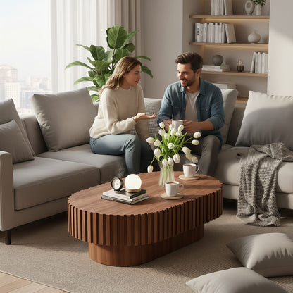 Brown Oval Coffee Table with Fluted Design for Living Room Storage