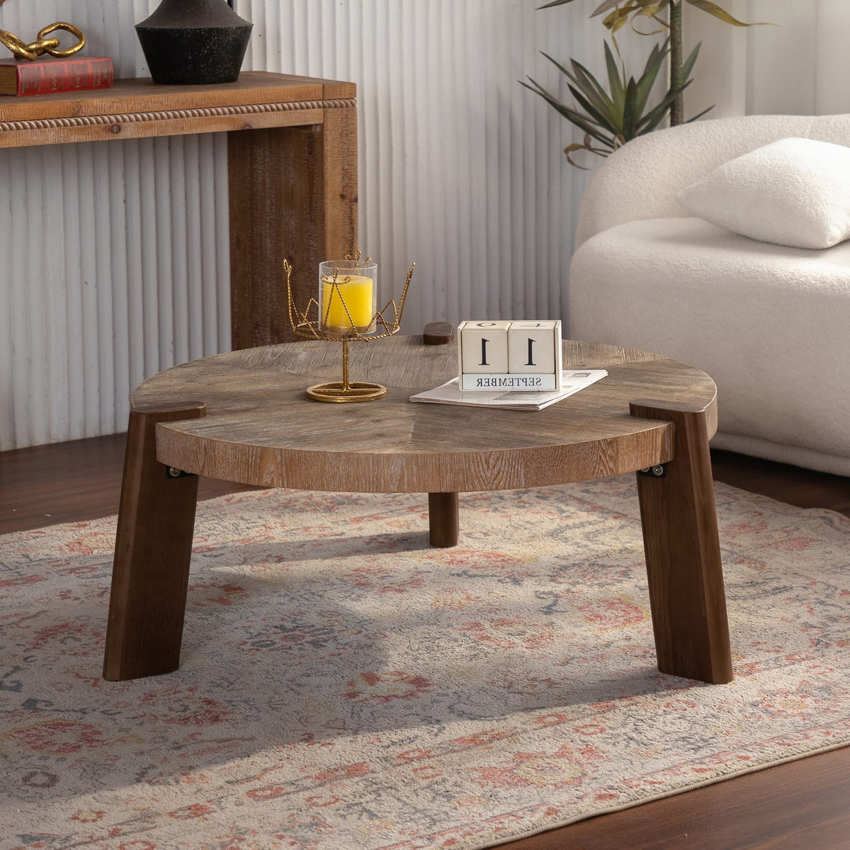 36.61" Round Natural Wood Coffee Table - Rustic Round Table for Living Room