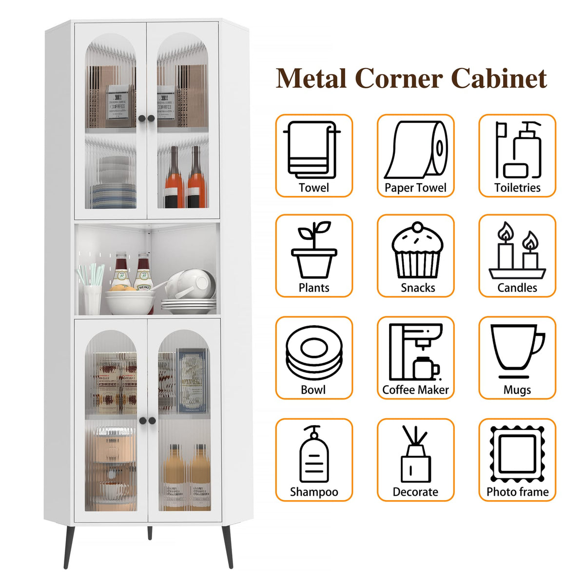 73" White Steel Corner Cabinet - Adjustable Shelves Storage for Living Room