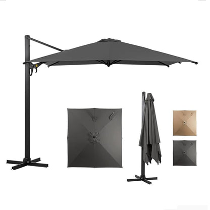 10 Ft Gray Square Patio Umbrella - 360° Rotation & Tilt Adjustment