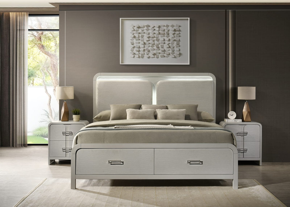 King Modern Storage Bed with Beige Wood Frame and Upholstered Headboard for Bedroom