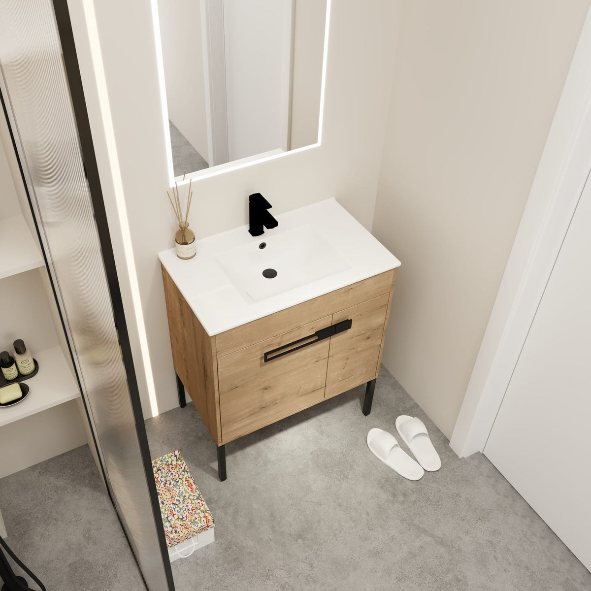 2-Door Imitative Oak Bathroom Vanity - Freestanding Storage