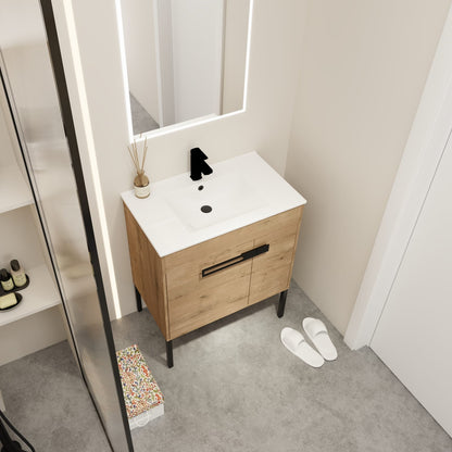 2-Door Imitative Oak Bathroom Vanity - Freestanding Storage