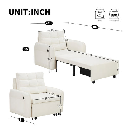 Living Room Beige Chenille Convertible Sofa Bed with Built-in Storage and Charging