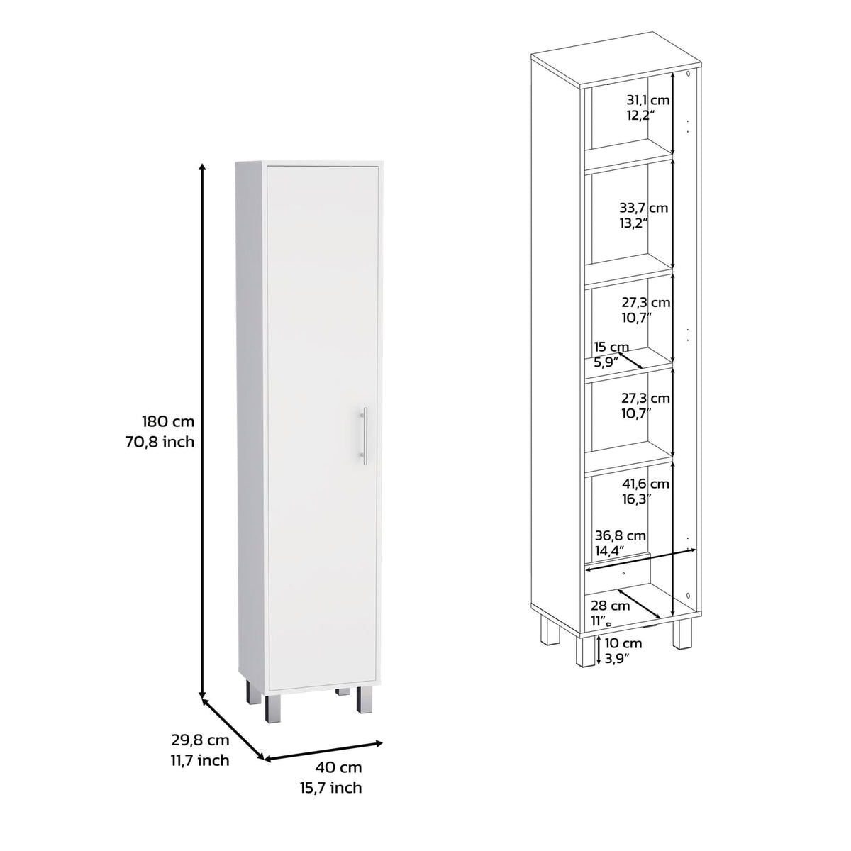 White Storage Cabinet 70.87" Height with Broom Storage