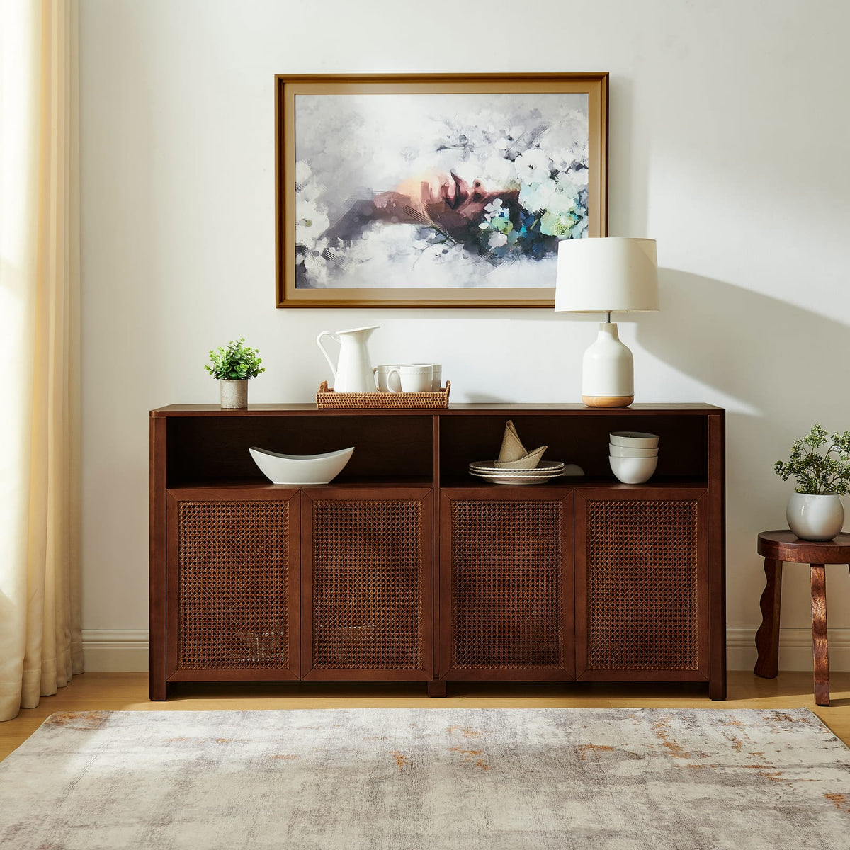 Walnut Rattan Sideboard Buffet Cabinet - 63" Storage