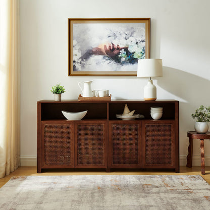 Walnut Rattan Sideboard Buffet Cabinet - 63" Storage